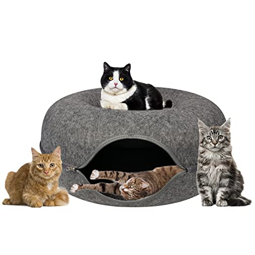 Katzentunnel-Bett, Katzentunnel für Indoor-Katzen, groß, Peekaboo Katzenhöhle, abnehmbarer runder Filz und waschbarer Innenraum Katzenhaus (50.8x50.8x22.9 cm, mittelgroß um) Dark G. ray
