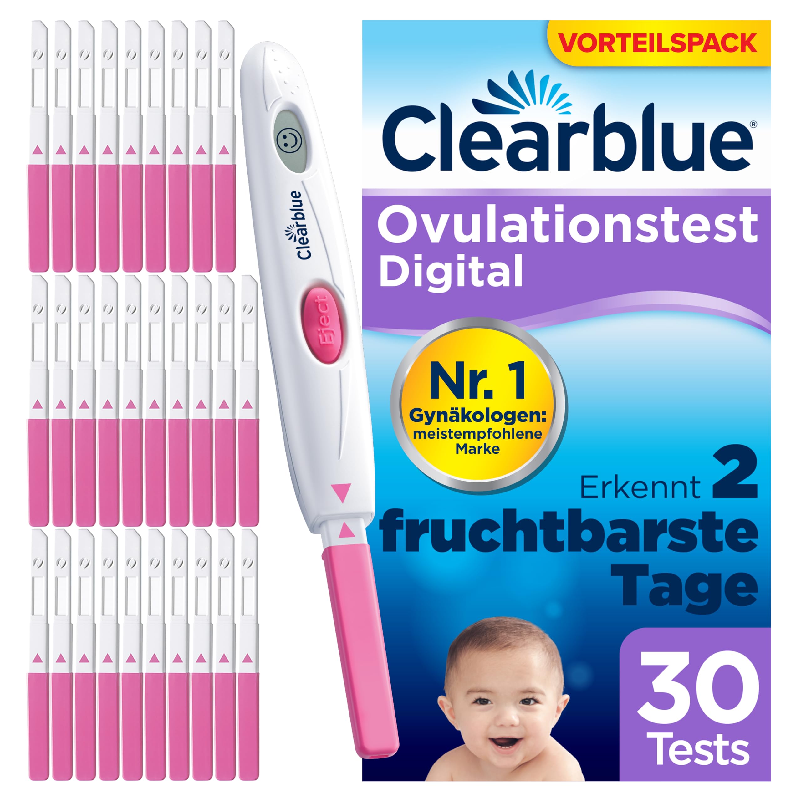 Clearblue Kinderwunsch Ovulationstest Kit Digital, 30 Tests + 1 digitale Testhalterung, Fruchtbarkeitstest für Frauen / Eisprung, nachweislich schneller schwanger werden