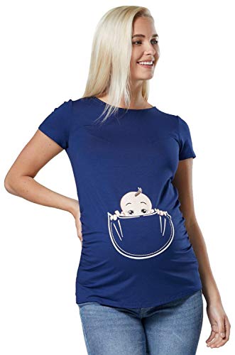 Happy Mama. Damen Baby in der Tasche T-Shirt Top Oberteil für Schwangere. 501p (Blau Grau, 38-40, M)