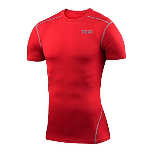TCA Herren Pro Performance Shirt, Thermo, schnelltrocknendes Sportshirt, kurzärmliges und elastisches Funktionsshirt mit Passform Kompression - Rot, L