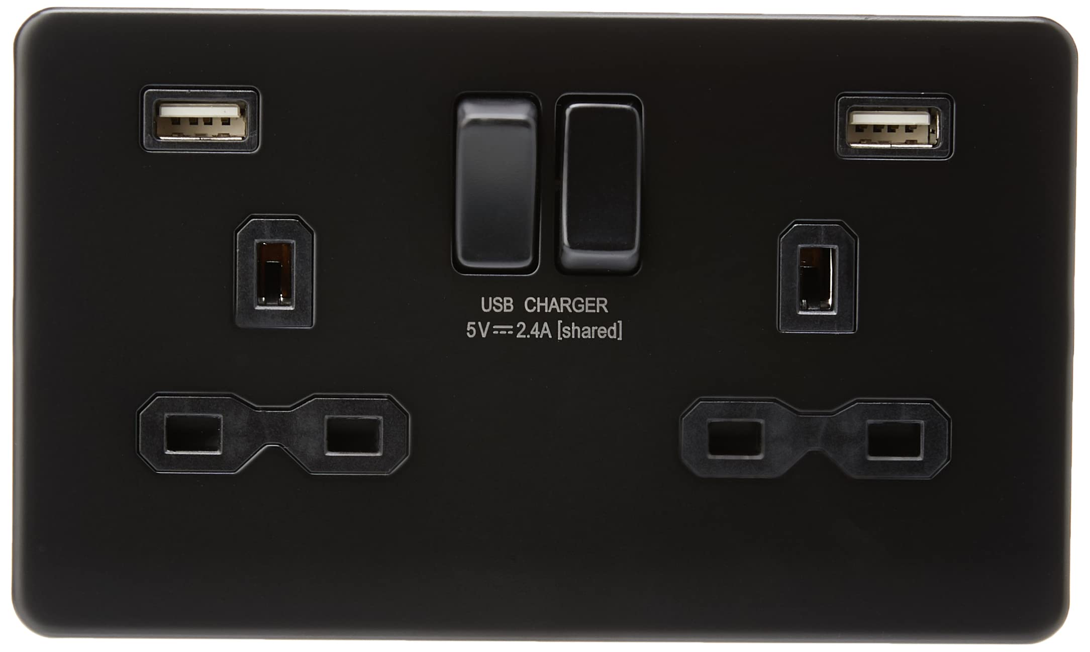Knightsbridge SFR9224MBB Schraubenlos 13 A, 2 G, geschaltete Steckdose Ladegerät (2,4 A), 5 V, schwarz/schwarz, Socket-Double + Dual USB