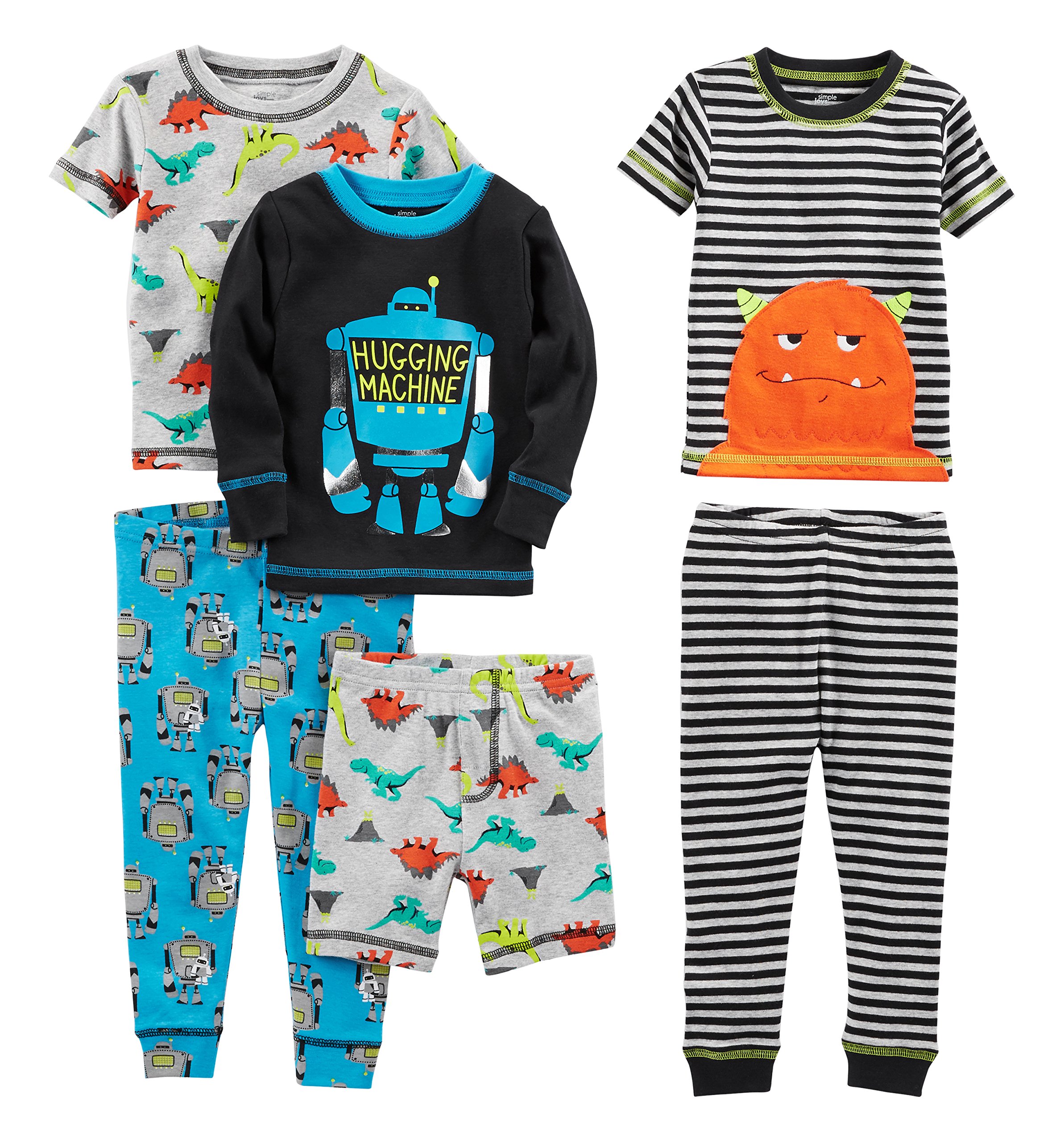 Simple Joys by Carter's Baby-Jungen 6-Piece Snug Fit Cotton Pajama Pyjama-Set, Dinosaurier/Monster/Roboter/Streifen, 24 Monate (3er Pack)