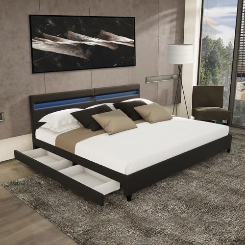 Home Deluxe - LED Bett NUBE - Schwarz, 200 x 200 cm - inkl. Matratze, Lattenrost und Schubladen I Polsterbett Design Bett inkl. Beleuchtung