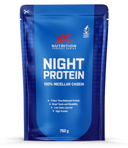 XXL Nutrition - Night Protein - 100% Micellar-Casein Protein Pulver, 87,2% Proteingehalt, Eiweißabgabe über 8 Stunden, Hochwertiges Kasein - Vanille - 750 Gramm - NZVT