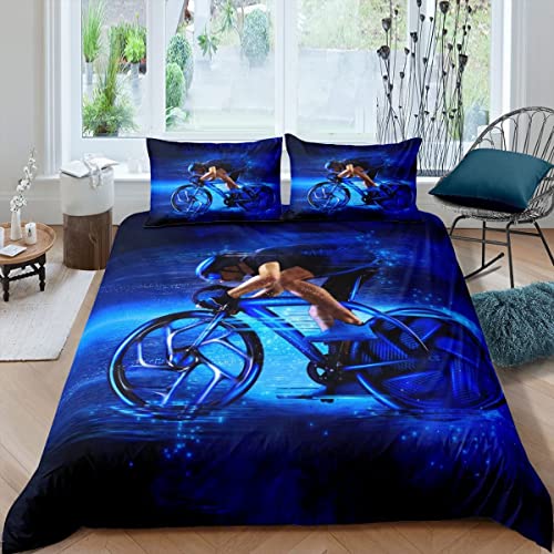 HATEGE Blaues Fahrrad Bettwäsche 135x200 Sport Weiche Mikrofaser 3D Bettwäsche-Sets 3 Teilig Erwachsene Bettbezug Set und 2 Kissenbezug 80x80 cm mit Reißverschluss
