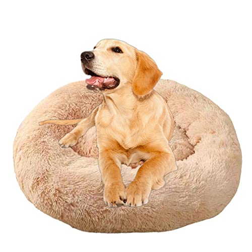 Plüsch-Donut-Haustierbett, beruhigend, rund, verbessert den Schlaf, flauschig, gemütlich, Hundebett mit rutschfestem, warmem Kuschel, weich, Angstlinderung, Katzenbett, Hundekissen, Matte, 110 cm, Beige