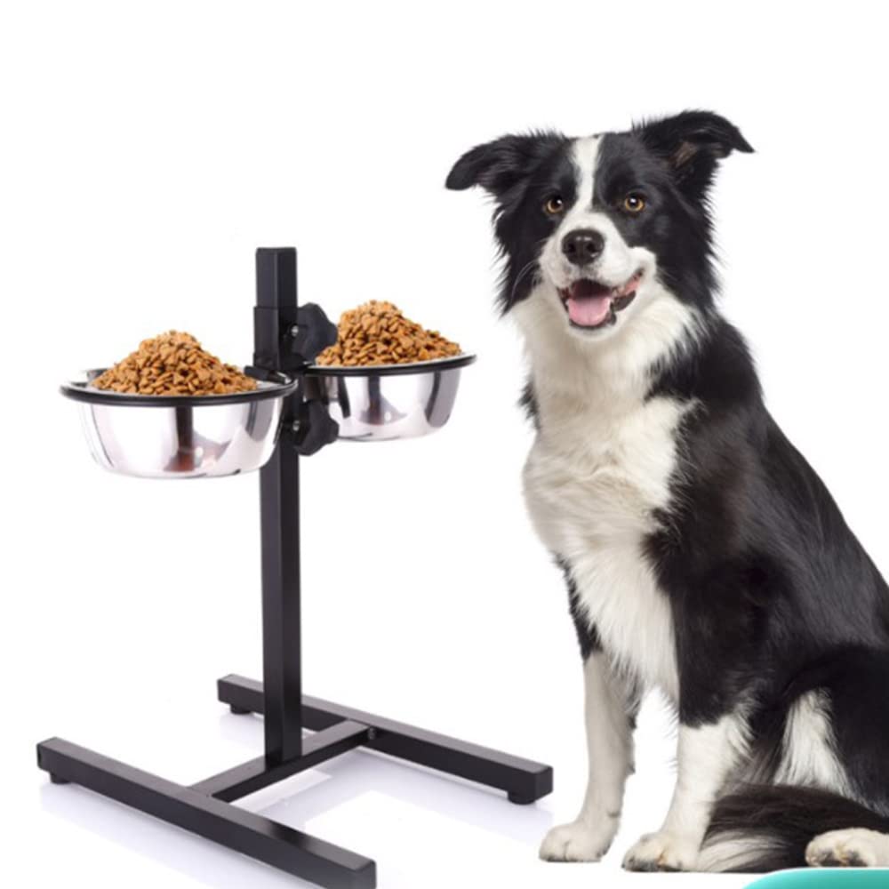 OHMG Futterstation für Hunde, Edelstahl, erhöhter Futternapf für Katzen, 2 Schüsseln aus Edelstahl, höhenverstellbar, Tür – Geschirr für Tiere, 1800 ml