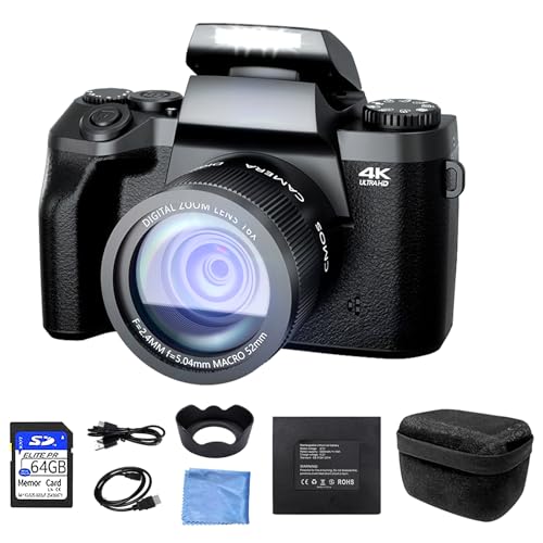 Digitalkamera 4K Autofokus 64MP 16X Digitalzoom Fotokamera mit Haube, 64GB TF-Karte, Kompaktkamera mit WiFi Fucktion, Vlog Kamera für Senioren Anfänger (Schwarz)