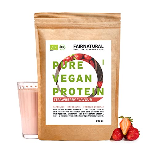 Vegan Protein-Pulver BIO Erdbeere ohne Soja [aus Deutschland] - 3K Bio Reis-, Hanfprotein & Erbsenprotein » Zum Backen & als Bio Eiweiß-Shake « 600g Veganes Bio Eiweißpulver