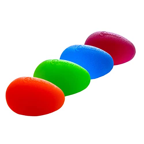 Eggsercizer Handtrainer, 4-teiliges Set mit Widerstandsstufen, je 1 Orange X-Soft, Grün Soft, Blau Medium, Lila Fest, Perfektes Werkzeug für Handtherapie und Griffstärkung