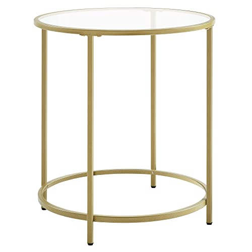 VASAGLE Beistelltisch rund, Glastisch mit goldenem Metallgestell, kleiner Couchtisch, Nachttisch, Sofatisch, Balkon, robustes Hartglas, stabil, dekorativ, Gold LGT20G