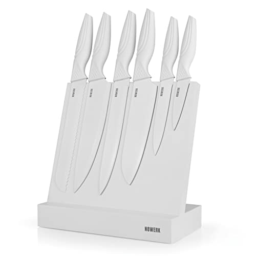 N8WERK Messerset mit Messerblock | 6 Messer aus rostfreiem Edehlstahl | Block aus Holz mit magnetischer Oberfläche | Professionelles & scharfes Küchenmesser-Set [Weiß]