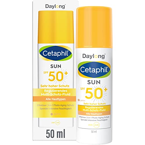 CETAPHIL SUN Regulierendes Multi-Schutz-Fluid Getönt SPF 50+, 50ml, Anti-Aging-Sonnenschutz für das Gesicht, Spendet bis zu 8 Stunden Feuchtigkeit, Ebenmäßigerer Teint dank mineralischen Farbpigmenten