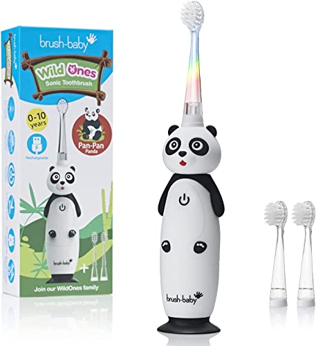 Brush-Baby WildOnes Kinder Elektrische Wiederaufladbare Zahnbürste, 1 Griff, 3 Bürstenköpfe, USB-Ladekabel, für Alter 0-10 (Panda)
