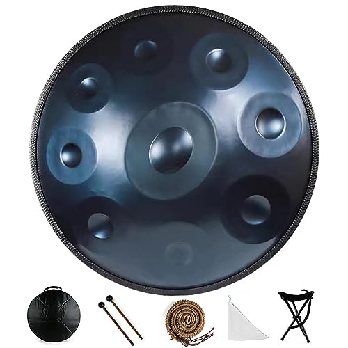 Handpan Drum 9 Noten 22 Zoll in D-Moll 432 Hz/440 Hz Stahlhandtrommel für Klangheilung, persönliche Meditation mit weichem Handpan-Etui, langlebiger Ständer (Farbe: Blau, Größe