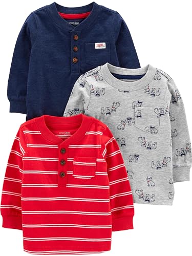Simple Joys by Carter's 3-Pack Long-Sleeve Shirts Hemd, Grau/Marineblau/Rot, Streifen, 18 Monate