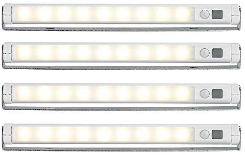 Lunartec LED Lichtleiste Batterie: 4er-Set Schwenkbare Lichtleisten, PIR-Sensor, 9 SMD-LEDs, warmweiß (LED Lichtleiste batteriebetrieben)