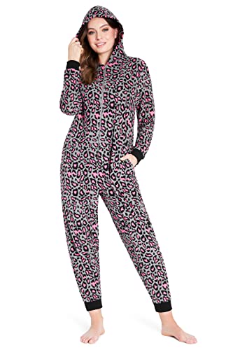 CityComfort Jumpsuit Damen Kuschelig Fleece Einteiler Schlafanzug Onesie Damen S-XL (Rosa Leopard, M)