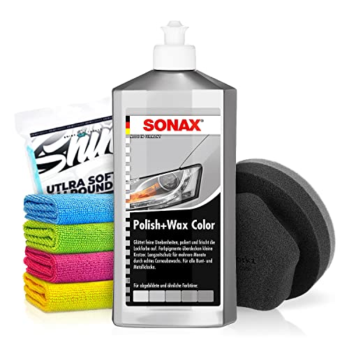 SONAX Polish+Wax Color silber/grau (500 ml) Auto Politur mit Farbpigmenten und Wachsanteilen | mühelos und schnell zum perfekten Polierergebnis | inkl. Applikator & Mikrofasertücher | 6-Teilig