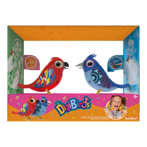 DIGIBIRDS Set mit 2 interaktiven Vögeln, die pfeifend und singen, reagieren auf Berührung und Stimmen, zufällige Farbe, Spielzeug für Kinder, ab 5 Jahren