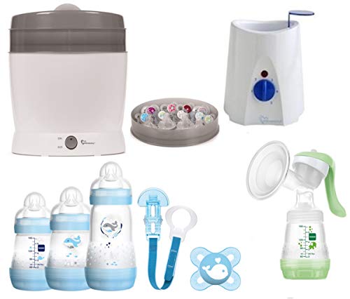 MAM Set 9 - Startset - Flaschen Sterilisator Babykoster Milchpumpe - Blau + gratis Geschenk
