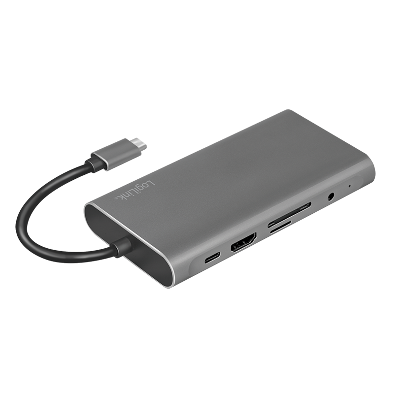LogiLink UA0383 - USB 3.2 (Gen 1) Dockingstation mit 10-Ports und PD (Power Delivery) 100W, 1x USB-C (PD) / 3X USB 3.0 / 1x HDMI / 1x VGA / 1x RJ45 / 1x microSD / 1x SD / 1x 3,5mm Audio / Silber