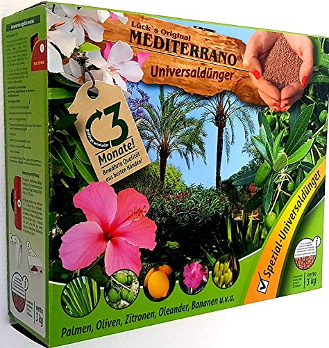 Mediterrano Lück´s Palmen-Universal-Spezial-Dünger 3Kg Schüttpackung Tropische mediterrane Palmen-Bananen-Oliven-Bäume-Zitronen-Baum-Hanf-Zitrus-Pflanzen-Garten-Dünger düngen -