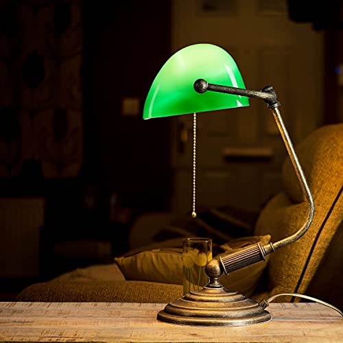 Tischlampe Antik Bronze Glas Grün Echt-Messing Zugschalter Vintage Art Déco Bankerlampe Beistelltisch Schreibtisch
