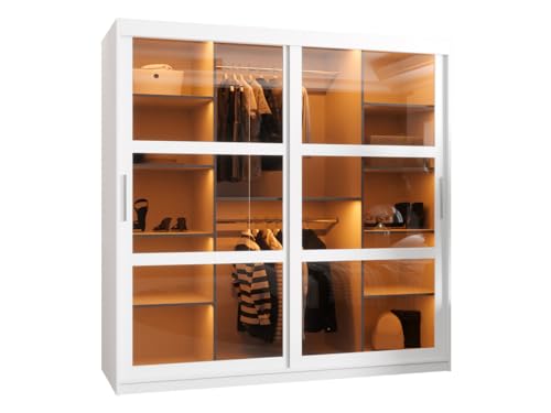 Mirjan24 Kleiderschrank Destio mit glastüren, Schwebetürenschrank mit Rauchglas, Schiebetürenschrank mit einlegeböden und Stange, Garderobe (Modell 180, ohne Schubladen, Weiß)