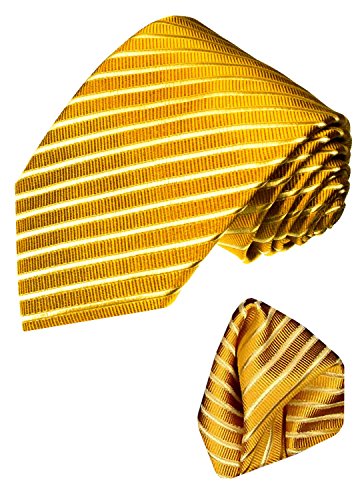 Lorenzo Cana - Luxus Krawatte mit Einstecktuch - Marken 2er Set aus 100% Seide - Gold Gelb Goldgelb einfarbig - 84325