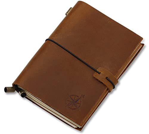 A6 vintage Notizbuch (10,5 x 15 cm) - Wanderings Leder Reisetagebuch nachfüllbar, handgefertigtes Echtleder - Perfekt Zum Malen, als kleines Tagebuch zum Selberschreiben