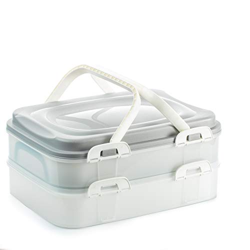 Party Container Kuchen Transportbox Kuchenbehälter Cupcake Transportbox Lebensmittel Muffin Transportbox XL mit 2 Etagen und klappbaren Griffen, Farbe:Grau