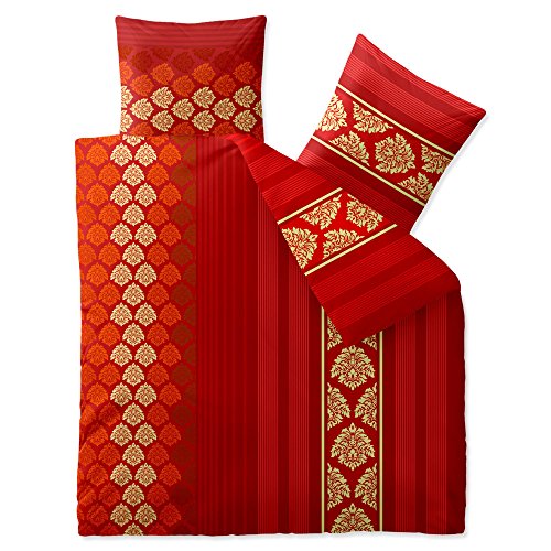 aqua-textil Trend Bettwäsche 200 x 220 cm 3teilig Baumwolle Bettbezug Nadia Streifen Blumen Rot Orange Gelb