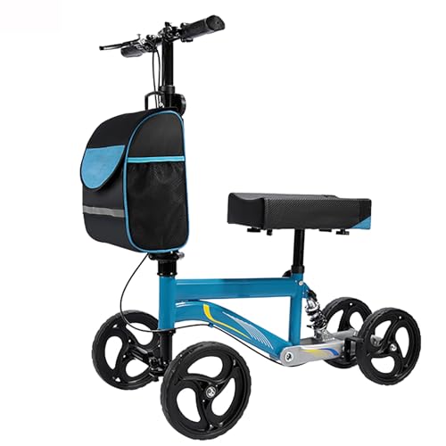 Zusammenklappbarer Knieroller, Höhenverstellbarer Gehhilfe Roller mit Korb Und Doppeltem Bremssystem, Lenkbarer Rollator für Fuß, Bein Und Knöchelverletzungen (Color : Blue)