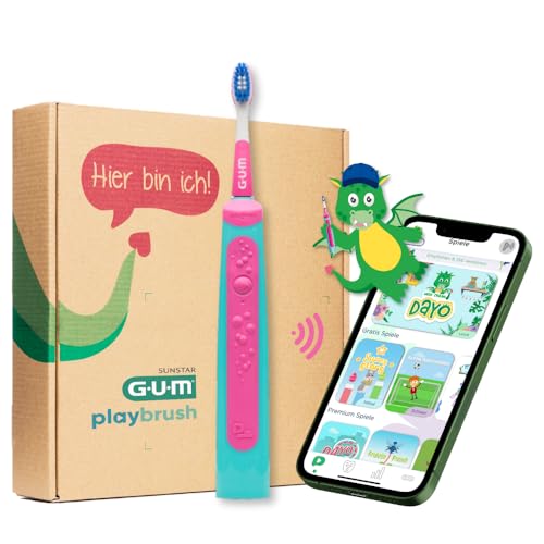 GUM Playbrush JUNIOR 6+, smarte elektrische Schallzahnbürste für Kinder ab 6 Jahren mit interaktiver Spiele-App, Andruckkontrolle, Timer, 2 Putzprogrammen, 1 Aufsteckbürste, 8 Wochen Akku, Pink