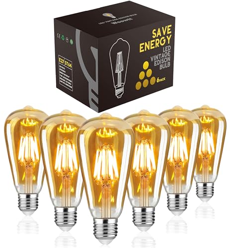 WOOWTT LED Edison Glühbirne, E27 LED Birnen, 4W Antik Retro Stil LED Vintage Glühlampe, Dimmbar, LED Filament Glühlampe, Amber Glas, ST64, 2700K, 6 Stüc