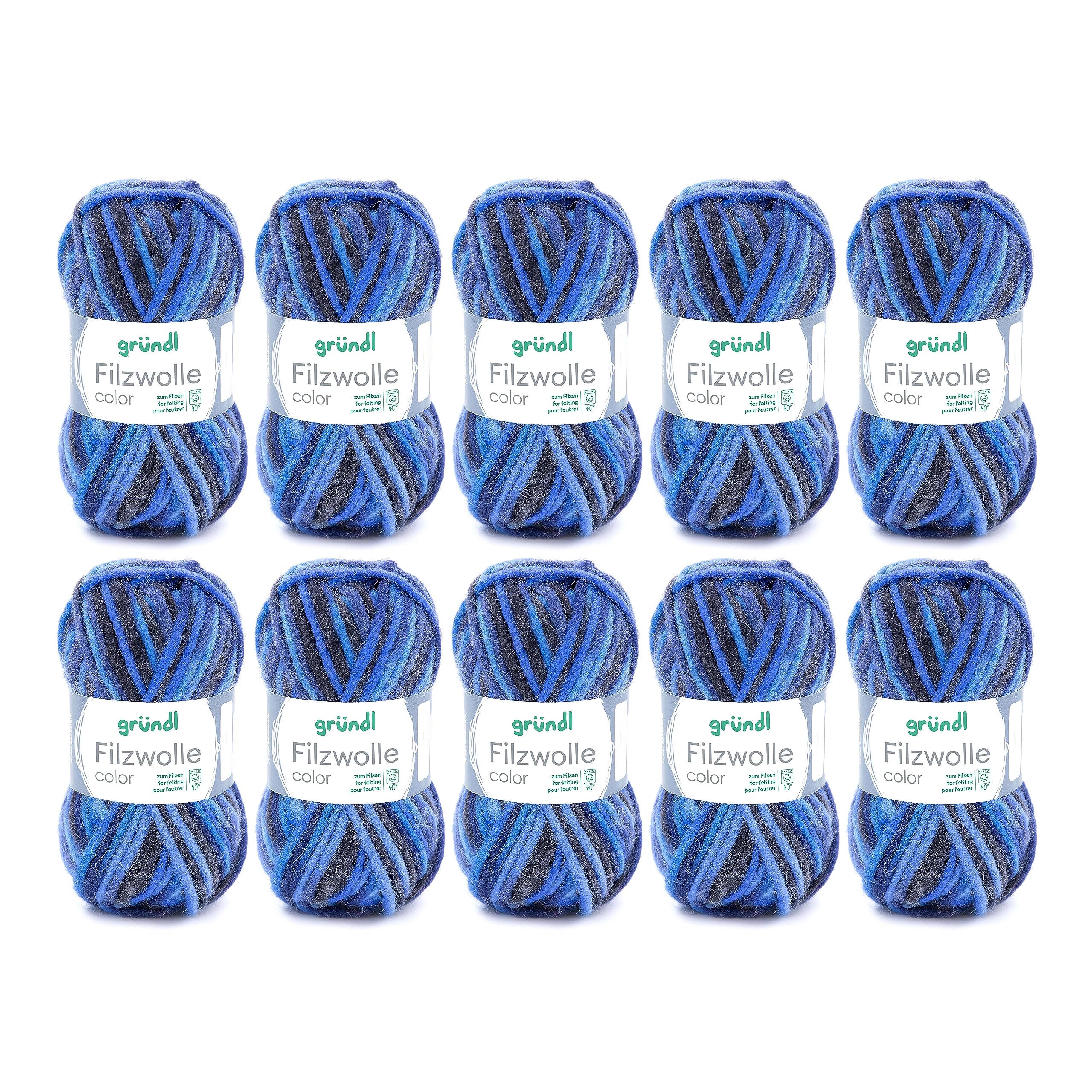 Gründl Filzwolle color, (OEKO-TEX zertifiziert, 100 % Schurwolle zum Filzen, 50 g / 50 m, Nadelstärke: 8 - 9, 10 Knäuel á 50 g), blau-anthrazit Multicolor, 31 x 32 x 6 cm