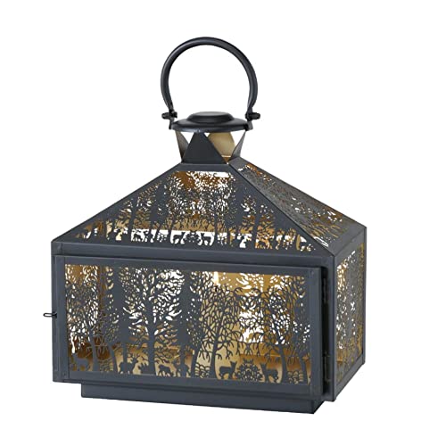 Metall Leuchter Laterne Kerzenleuchter Windlicht mit gestanztem Motiv Wald Gold schwarz 30x17x35cm