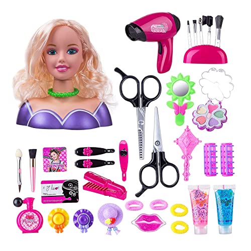 GOXAEEE Frisierkopf, 35 Stück, Kopf zum Frisieren und Schminken, Spielzeug für Mädchen für 1 – 9 Jahre, Puppe Styling Head Friseur (blau)