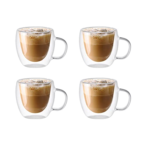 HUIKJI 4 doppelwandige Glas-Kaffeetassen, 150 ml, isolierte Glas-Kaffeetasse mit Griff, transparente Tassen für Americano, Latte, Getränke, Cappuccinos, Espressotassen