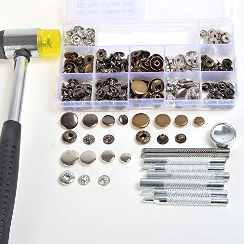 Druckknöpfe, verschiedene Größen und Farben, Set mit Druckknöpfen und Stanzwerkzeug, Werkzeug und Hammer