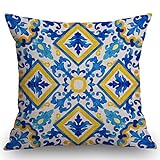 SSOIU Portugiesisches Azulejo-Kachel-Muster, Baumwolle, Leinen, dekorativer Kissenbezug, quadratisch, 45,7 x 45,7 cm