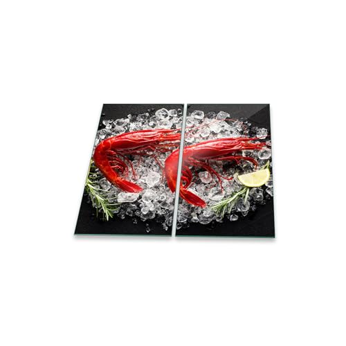 Herdabdeckplatte 2 teilig Ceranfeld Garnele Rot 2x30x52 Kochplatten Glas Küche
