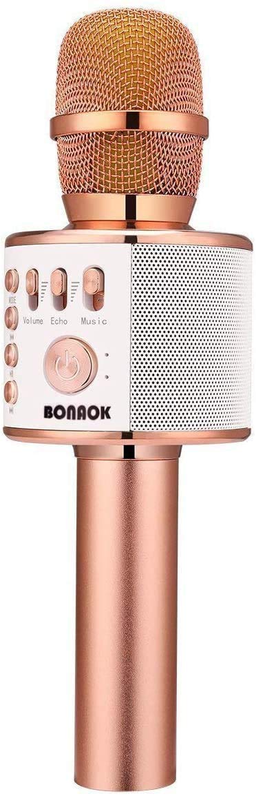 BONAOK Bluetooth Karaoke Mikrofon Kinder, Drahtlose Dynamisches Mikrofon mit Lautsprecher, Familie Party Podcast Auto Bluetooth Mikrofon Kabellos, Kompatibel mit Android/IOS(Rose Gold)
