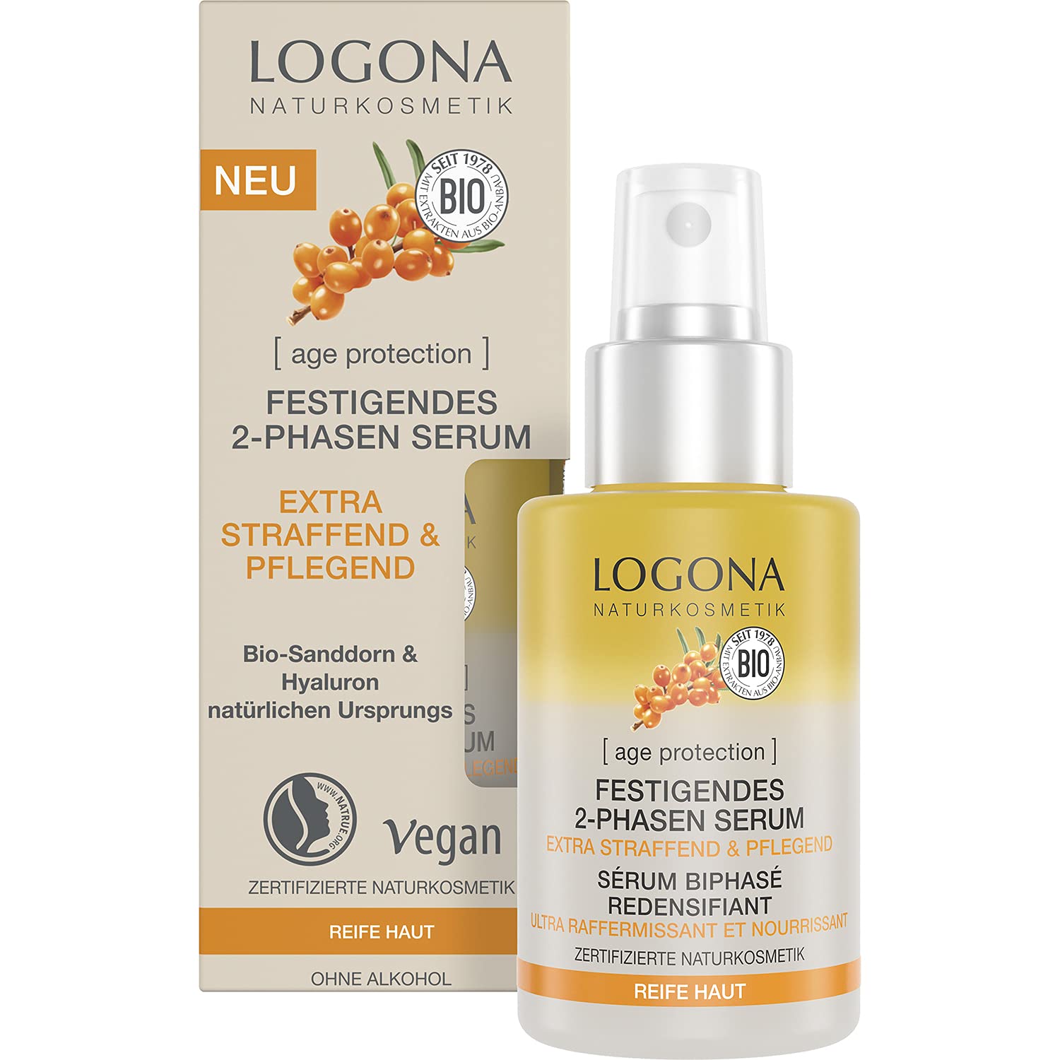 LOGONA Naturkosmetik Anti-Aging Gesichtsserum für reife Haut, Veganes und festigendes 2 Phasen Serum, Mit Hyaluron und Bio-Sanddorn, age protection, 30 ml