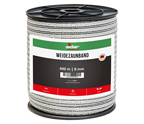 Eider Weidezaunband, 8 mm, weiß/schwarz - 400 m Rollen - sehr Gute Leitfähigkeit von nur 0,06 Ohm/m - Made in Germany (1 Rolle)