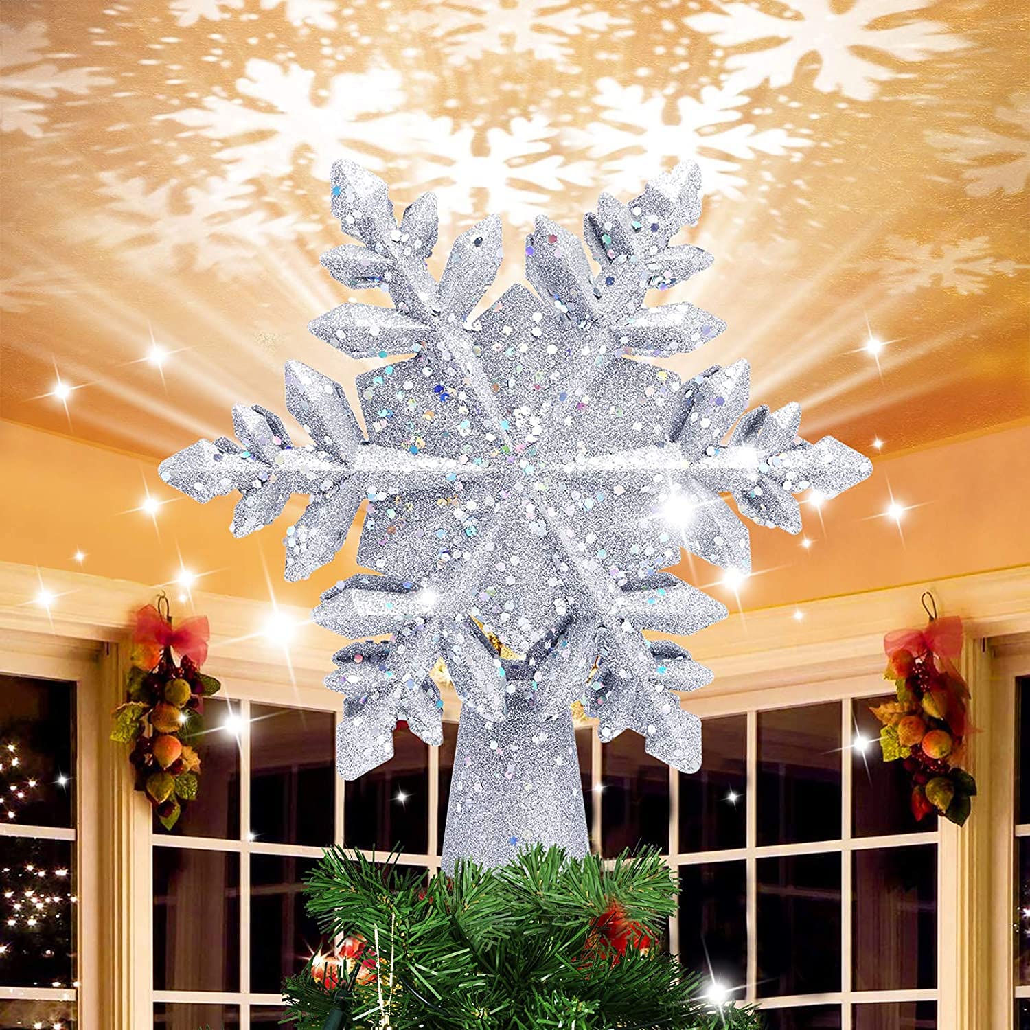 Weihnachtsdeko Weihnachtsbaumspitze Schneeflocke,Christbaumspitze Led Schneeflocke Projektor mit 3D Rotation,Baumschmuck Weihnachten für Weihnachten,Hause,Innendekoration, (Silbrig)