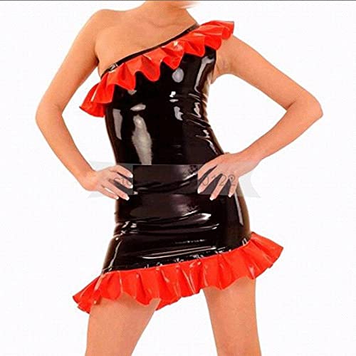 Schrägsender Schulter sexy schwarzes Latex-Tanzkleid mit roten Spitzengummi-Fetisch-Kostüme-Partykleider-Haupthimmelblau_L.