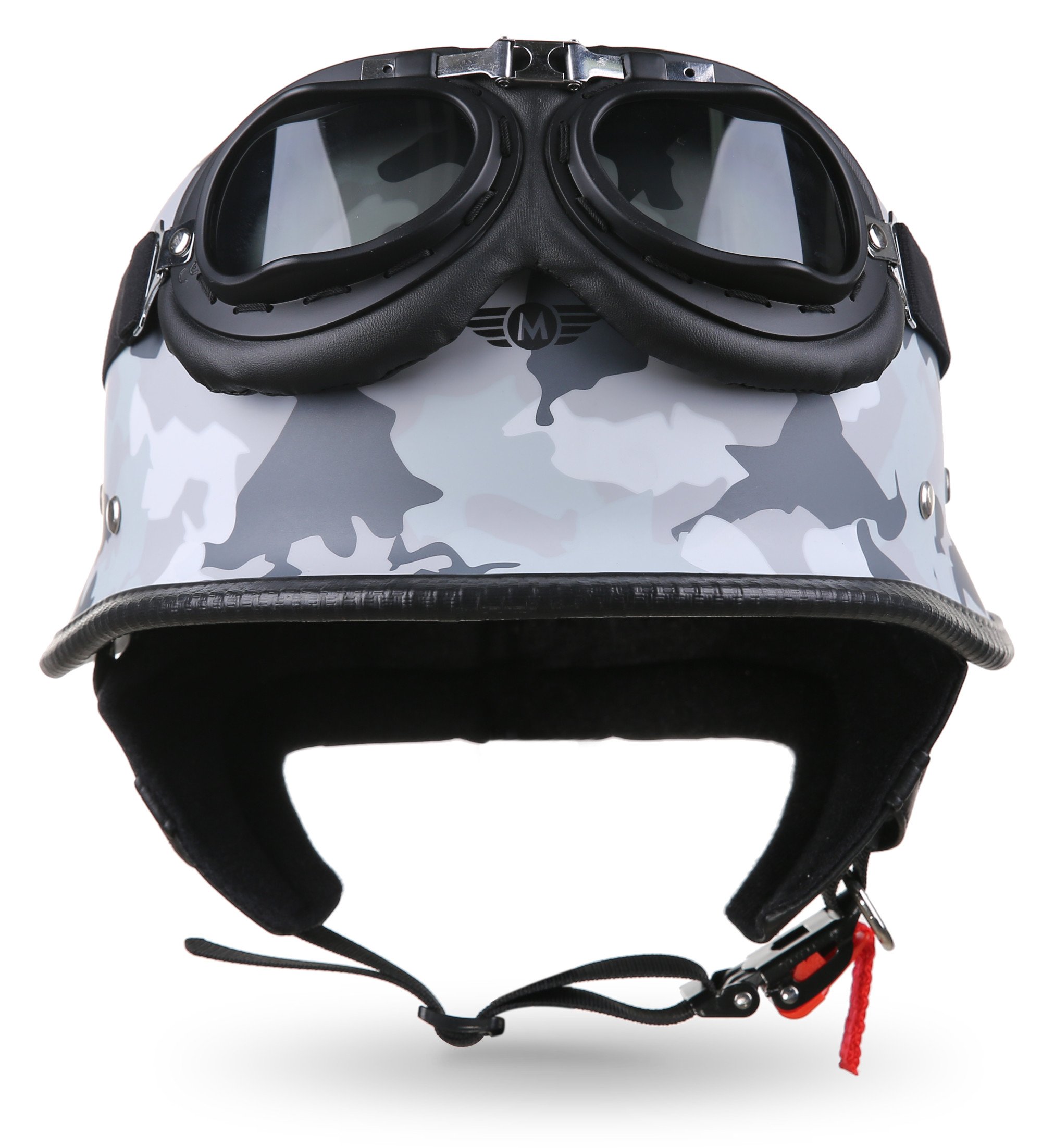 MOTO Helmets® D33-Set „Army Snow“ · Brain-Cap · Halbschale Jet-Helm Motorrad-Helm Roller-Helm Scooter-Helm Bobber Mofa-Helm Chopper Retro Cruiser Vintage Pilot Biker Helmet Brille Visier · S (55-56cm)