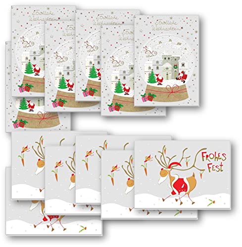 Turnowsky Weihnachtskarten mit Umschlag, hochwertig geprägte Grußkarten mit wunderschönem Design (2x6 Schneekugel und lustiger Elch)